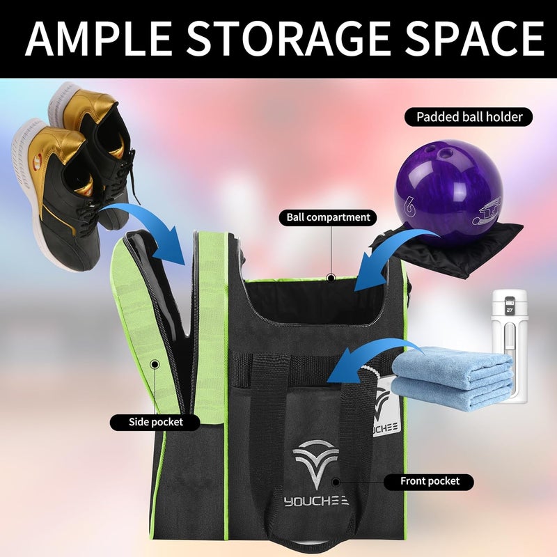 Yoochee Single Ball Bowling Tote Bag with Padded Ball Holder, Fits Bowling Shoes Up to Men’s Size 14, Durable Full-Size Bowling Bag with Accessory Pockets for Practice & League Play - Image 3